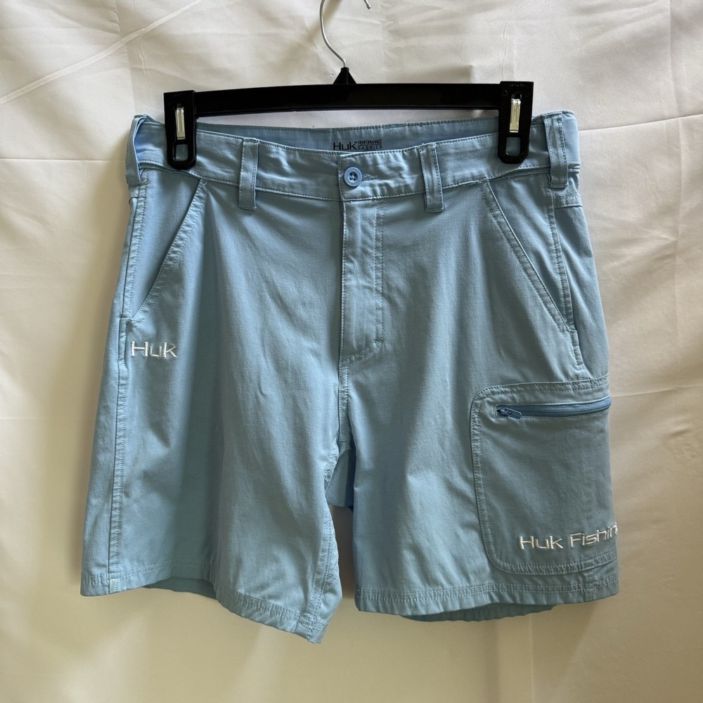 Huk Mens Cargo Shorts L Blue Stretch Cargo Zip Pocket Performance Fishing
